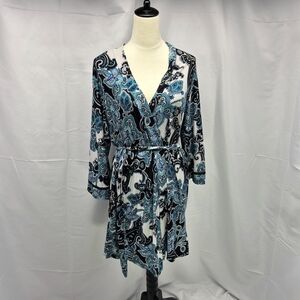 Linea Donatella Blue Black White Paisley Print Wrap Robe OS Adjustable Size S-L